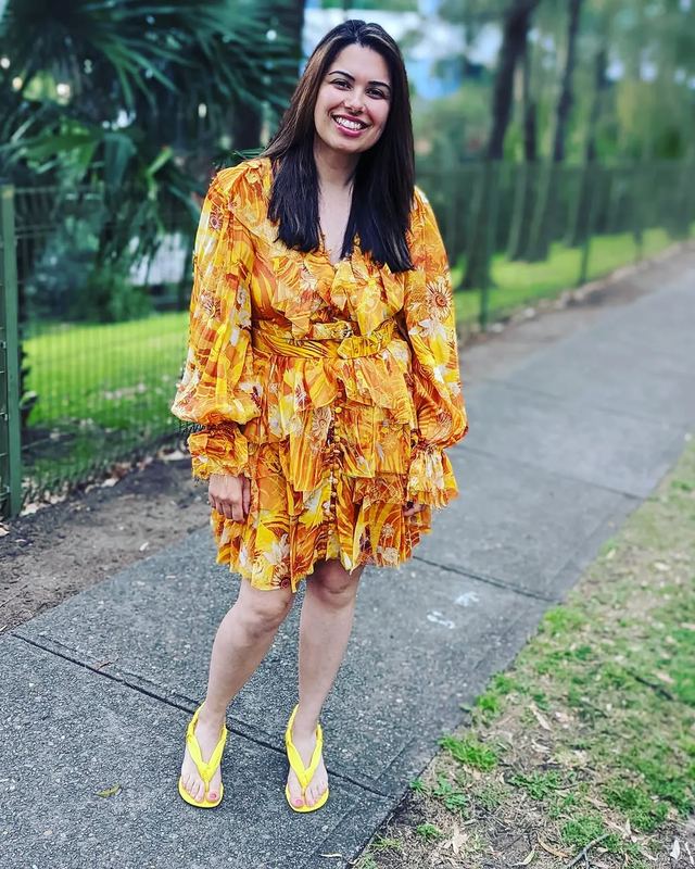 Leo Lin Golden ruffle mini available to rent