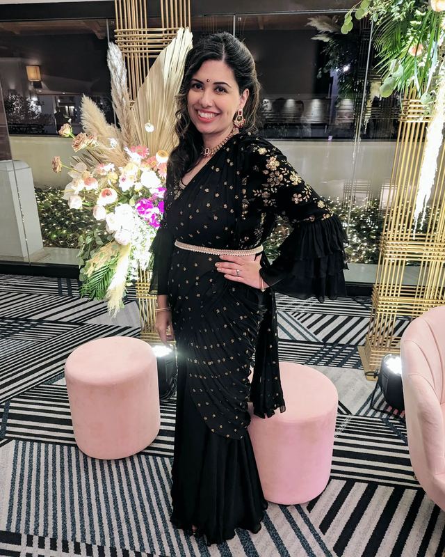 Suruchi Parakh Black pre-stitched saree with pants available to rent