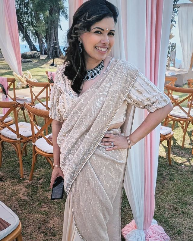 Nidhika Shekhar Ivory pre-stitched saree available to rent