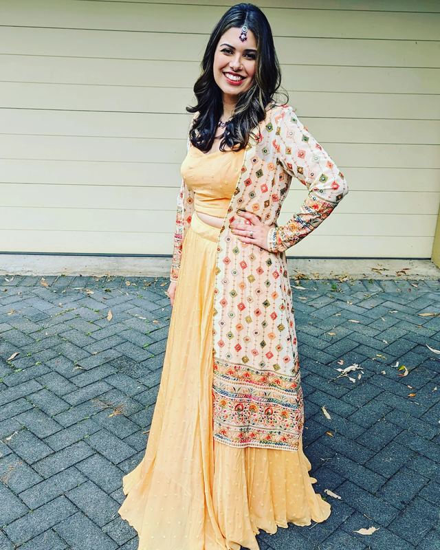 Anisha Shetty Yellow outfit with embroidered jacket available to rent