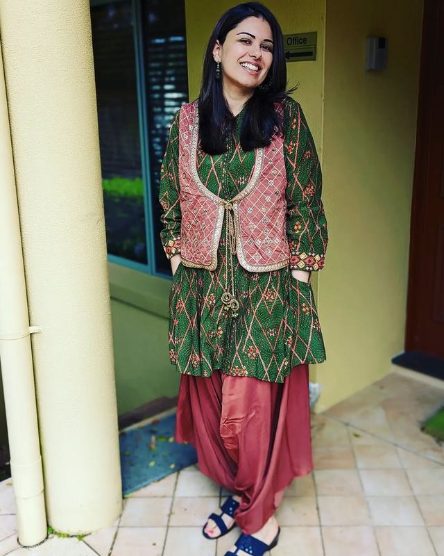 Ritu Kumar Green and pink fusion set available to rent