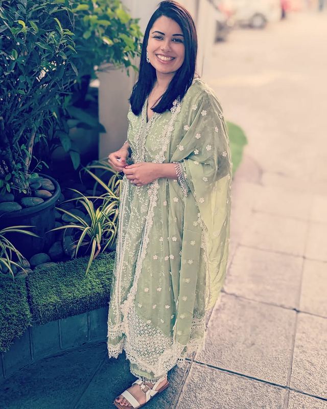 Mulmul Sage-green kurta set available to rent